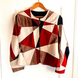 Vintage Karen Arnold Burgundy Red Tan Black Patchwork Suede Jacket